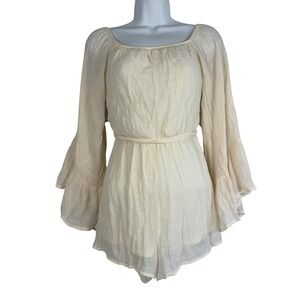 Cream Gauze Bell Sleeve Belted Romper Shorts Size Small Flare Festival Boho